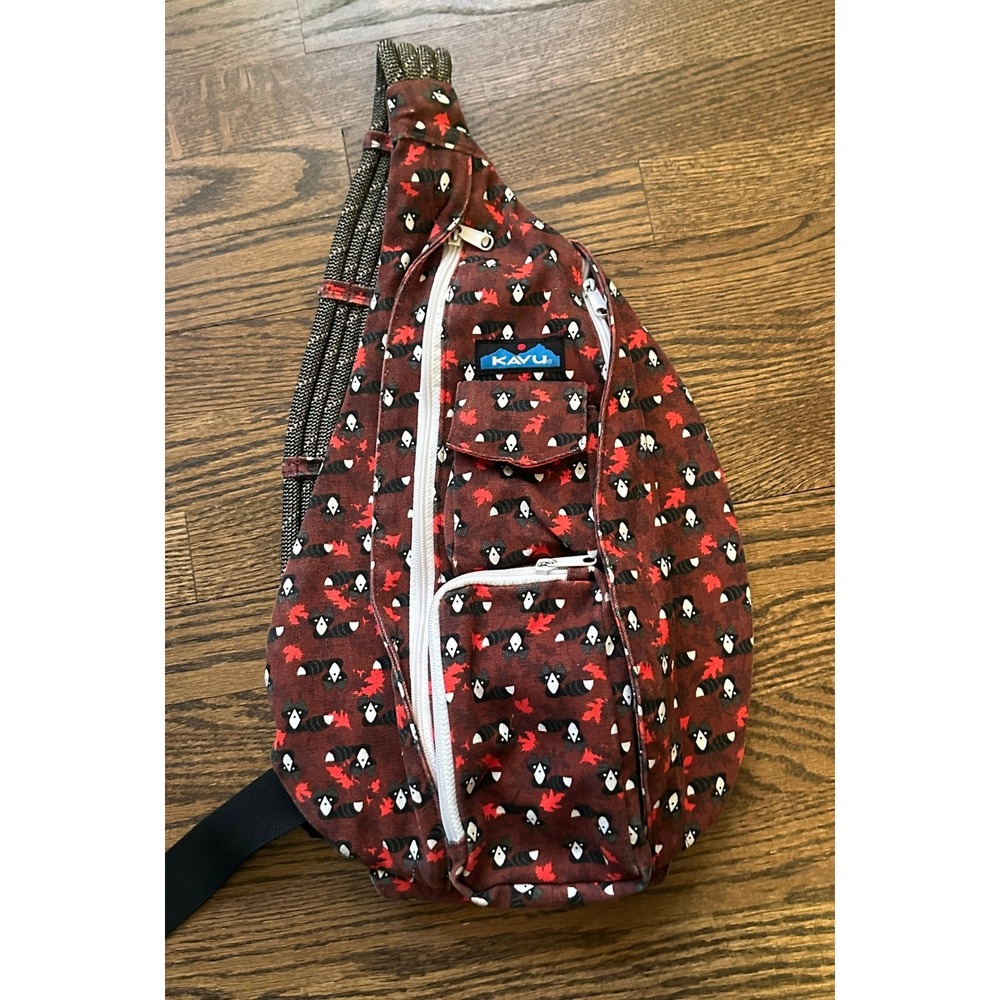 Kavu Rope Bag Women OS Raccoon Maple Leaf Print Sling Backpack Canvas Gorpcore